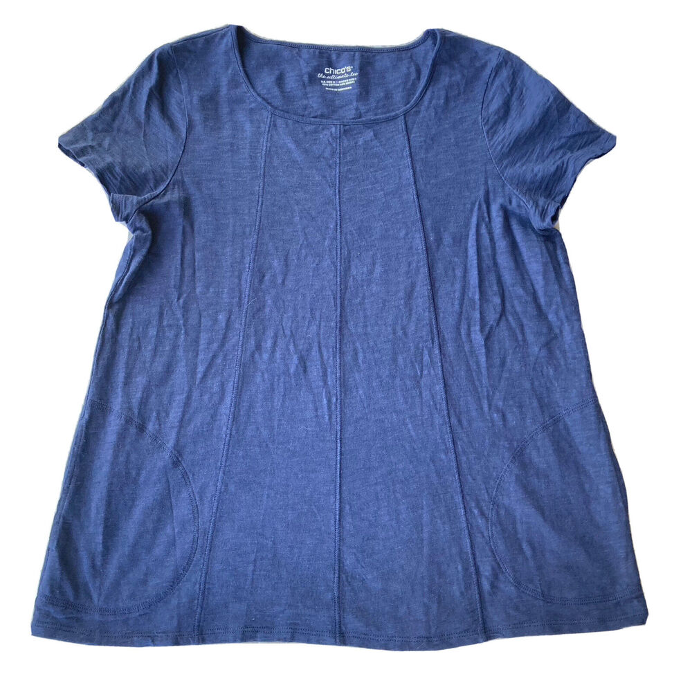 Chicos Womens Sz M Tunic Top "The Ultimate Tee" Navy Blue Casual Pockets Shirt